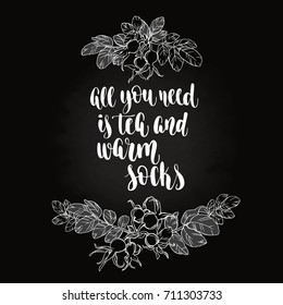 Fall handwritten brush calligraphy and autumn leaves and berries. Lettering and decorative elements. Vector illustration for your design on chalkboard dark background.