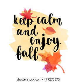Fall handwritten brush calligraphy quote and autumn motives. Lettering and decorative leaves. Vector element for your design on white background.