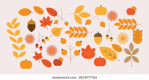 Fall harvest assortment, pumpkins, acorns, apples, berries, leaves, seasonal bounty, decorative pattern.
