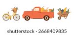 Fall harvest collection with pickup, pumpkins, bike, and wheelbarrow of vegetables. Vector illustration for autumn decor, Thanksgiving design, seasonal clipart