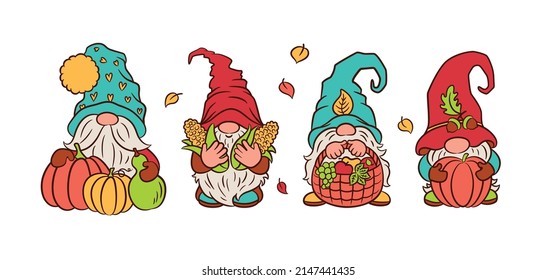 Fall Harvest Concept. Cute Gnomes Set. Gnome With Pumpkin. Gnome Holding Corn Stalks. Dwarf With A Basket Of Fruit. Happy Thanksgiving Day Concept. Fun Characters Swedish Gnomes Tomte.