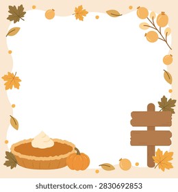 Fall Harvest Dessert Frame with Pumpkin Pie, Wooden Signpost, Berries, and Maple Leaves