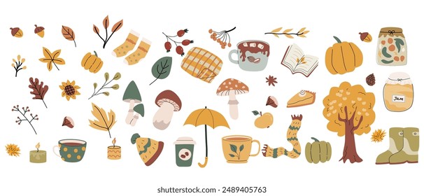 Fall harvest elements, stickers set of different leaves, cups, mushrooms. Cozy clipart things and clothes for scrapbooking, print, posters.