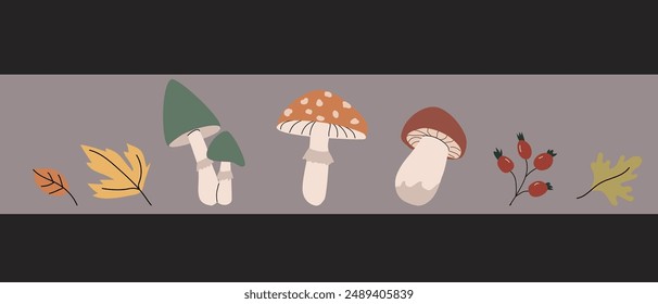 Fall harvest elements, stickers set of different leaves, mushrooms. Cozy clipart things for scrapbooking, print, posters.