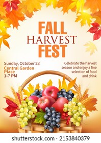 Fall Harvest Fest poster design with basket full of fruits. Vector illustration. 