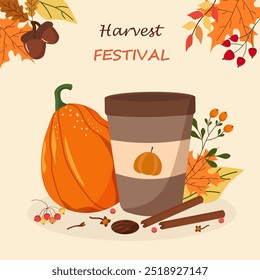 Plantilla de portada del Festival de la Cosecha de Otoño. Calabazas y taza de café. Herbario de Hojas y Bayas de Otoño. Anuncio estacional. Folleto del mercado de agricultores. Ilustración vectorial