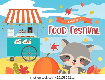 Festival de colheita de outono design bonito com carrinho de comida e guaxinim kawaii. Design vetorial de desenhos animados para o cartão de Ação de Graças de outono, convite, banner, anúncios de folheto, animação. Street food fest outono venda promo.