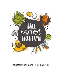 Fall harvest festival. Farm product. Organic concept design. Hand drawn vector illustration with vegetables. Can be used for farmers market, food festival, poster, banner, sticker, logo, label, emblem
