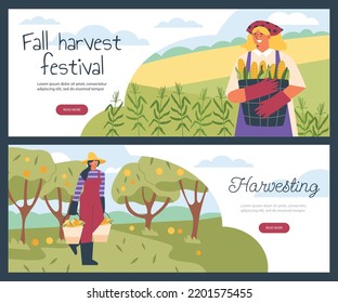 Fall harvest festival web banners set, flat vector illustration. Farmer characters harvesting apples and corn. Agricultural autumn field with fruits and vegetables. Women carrying baskets.