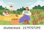 Fall harvest. Flat vector illustration with a female character picking bell peppers. Concept of harvesting people or gathering crops.