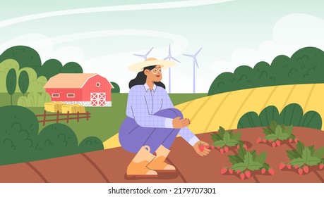 Fall harvest. Flat vector illustration with a female character picking strawberries. Concept of harvesting people.