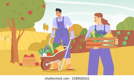 Fall harvest. Flat vector illustration with group of people harvesting crops at their farm for sale. Concept of harvesting people.