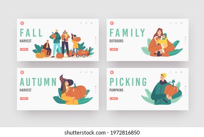 Fall Harvest Landing Page Template Set. Happy Family Characters Picking Pumpkins at Garden. Mother, Father and Children Harvesting Plants for Holidays Celebration. Cartoon People Vector Illustration