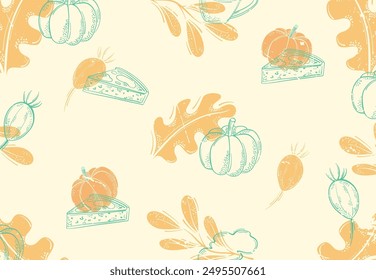 Motif de récolte automnale, avec citrouilles orange et feuilles de forêt. Isolé sur fond jaune. Conception pour fonds d'écran, papier numérique. style Vintage. Arrière-plan automnal 