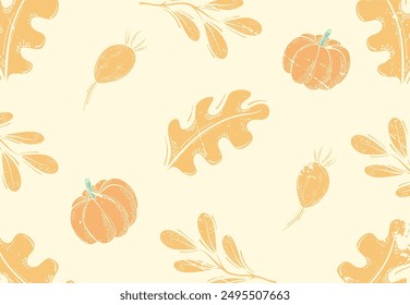 Fall harvest pattern, with orange pumpkins and forest leaves. Isolated on yellow background. Design for wallpapers, digital paper. Vintage style. Autumn background