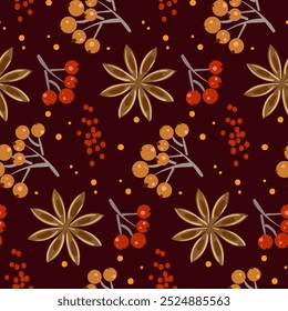Fall harvest seamless pattern with anise rowanberry, forest berry. Dark background. Design for wallpapers, digital paper, vector illustration