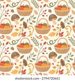 Fall harvest seamless pattern. Autumn background with mushrooms, leaves, fruit basket, berries and branches. Woodland