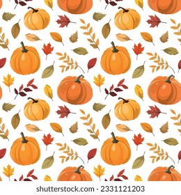 Fall harvest seamless pattern with orange pumpkins and forest leaves. Isolated on white background. Design for wallpapers, digital paper.