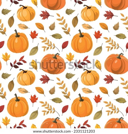 Fall harvest seamless pattern with orange pumpkins and forest leaves. Isolated on white background. Design for wallpapers, digital paper.