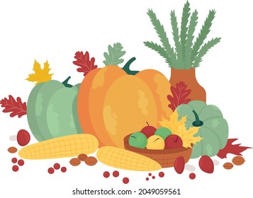 Fall harvest semi flat color vector objects. Fresh pumpkin and corns. Decorative items on white. Autumnal crop isolated modern cartoon style illustration for graphic design and animation