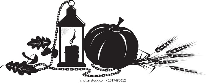 Fall harvest theme design for a header with a pumpkin, lantern, chain and wheat, EPS 8 black vector silhouette, no white objects