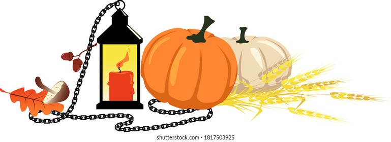 Fall harvest theme still life for a header with a pumpkin, lantern, chain and wheat, EPS 8 vector illustration