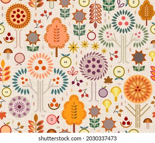 Fall harvest time concept with apples, plums, berries, unique shaped mushrooms, trees with color-changing leaves, earthy florals geometrics. Fall-festive colors surrounding the beauty of the season. 