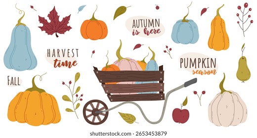 Fall Harvest Time set with pumpkins, leaves and wheelbarrow. Isolated vector symbols of autumn, harvest festival, halloween. Design elements for poster, banner, card, greeting, invitation, sale