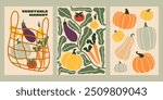 Fall harvest vector illustrations. Autumn farmers vegetable market. Pumpkins, carrot, eggplant, potatoes, tomato, onion flat clipart