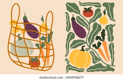 Fall harvest vector illustrations. Autumn vegetables compositions. Farmers market print