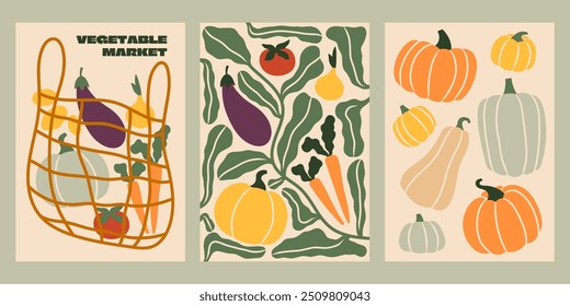 Ilustraciones vectoriales de cosecha de otoño. Mercado de verduras de los agricultores del otoño. Calabazas, zanahoria, berenjena, patatas, tomate, cebolla Clipart plana