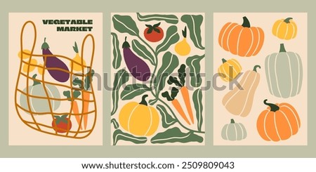 Fall harvest vector illustrations. Autumn farmers vegetable market. Pumpkins, carrot, eggplant, potatoes, tomato, onion flat clipart