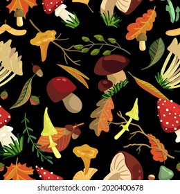 Fall harvest vector seamless pattern. Mushrooms, nuts, leaves, berry. Autumn ornament in simple cartoon style. Abstract сolored design for print, wrap, background, wallpaper, textile, fabric, decor.