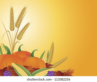 Fall Harvest with Wheat Grain Pumpkins Corns Grapes and Leaves Vector Illustration