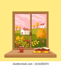 Fall has come.  Vector wooden window overlooking the rural landscape.  Bright autumn with flaming trees and bushes, fields, hills and houses.  Vector illustration in flat style.
