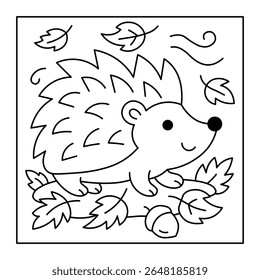 Queda Hedgehog Colorir Página - Woodland Animal na Cena Floresta Folhosa