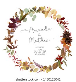 Fall herbs selection vector design round invitation frame. Rustic boho wedding wreath.  Watercolor save the date card. Orange red, taupe, burgundy, brown, cream, gold, rust, beige, sepia autumn colors