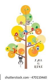 Fall is here. Autumn tree with colorful leaves, birds,animals and nesting boxes, insects flat vector illustration