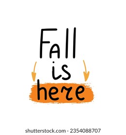 Fall is here. Hand drawn fall text. Short calligraphy lettering about autumn. Vector illustration.