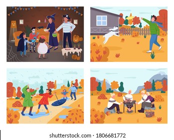 Fall holiday activity semi flat vector illustration set. Halloween party. Family bonding time. City rainy park for playing. Picnic in forest. Autumn 2D cartoon characters for commercial use collection