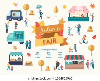 Fall Holiday Season recreation and public event. Autumn Fair Poster, Food Market flyer or banner. People enjoying their time outdoors in park. Vector illustration.