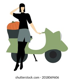 Fall holidays design. Girl, scooter and pumpkin. Vector horizontal illustration Isolated on white background