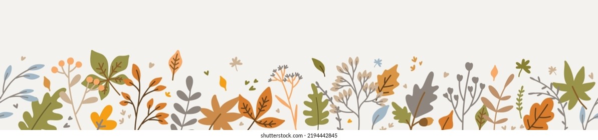 Fall horizontal banner. Seamless pattern with hand drawn cute colorful leaves. Autumn leaf border. Thanksgiving and Harvest Day. Vector illustration - Shutterstock ID 2194442845