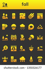 fall icon set. 26 filled fall icons.  Simple modern icons about  - Forest, Park, Dominoes, Crack, Asteroid, Landslide, Domino, Parachute, Rain, Fall, Waterfall, Accident, Sandclock