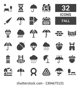fall icon set. Collection of 32 filled fall icons included Park, Umbrella, Landslide, Comet, Acorn, Rain, Shortcut, Free fall, Lederhosen, Parachute, Waterfall, Jenga, Earthquake