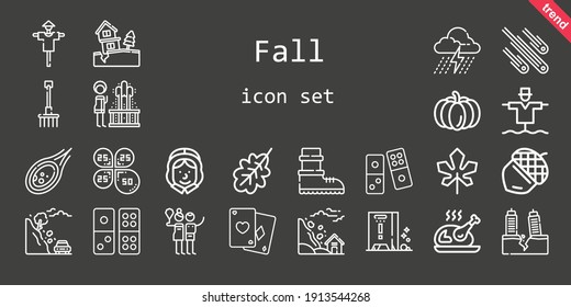 fall icon set. line icon style. fall related icons such as meteorites, storm, birch, poker, earthquake, pilgrim, acorn, landslide, petals, scarecrow, geyser, oak leaf, maple leaf, wet floor, turkey