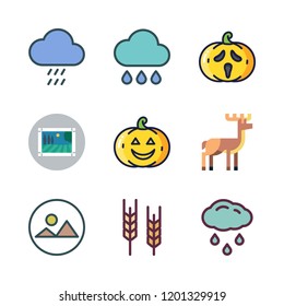 fall icon set. vector set about rain, landscape, image and deer icons set.