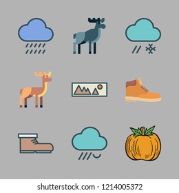 fall icon set. vector set about landscape, rain, pumpkin and deer icons set.
