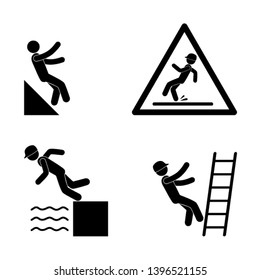 fall icon, stick figure warning, people fall down