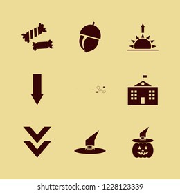 fall icon. fall vector icons set down arrow, halloween candy, pumpkin witch hat and witch hat